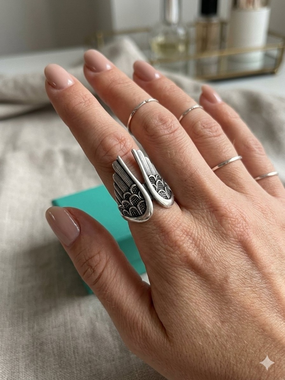 925 Sterling Silver Angel Wings Statement Ring Size 9